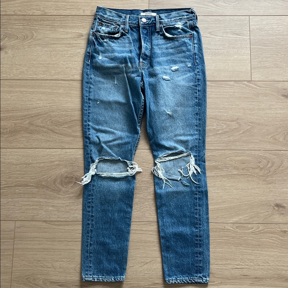 Grlfrnd Women's Blue Distressed Ripped Details Karolina Straight Jean Size 26